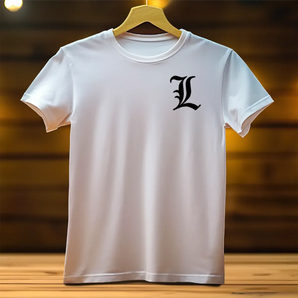 T-shirt blanc en coton avec logo L stylisé noir sur poitrine, Death Note