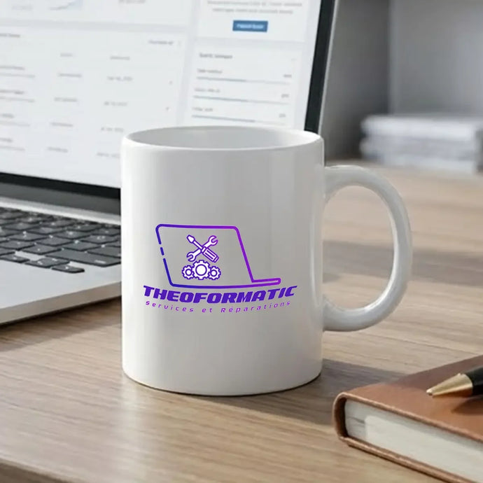 Tasse en céramique blanche arborant un logo violet avec des outils croisés et des engrenages à l'intérieur d'un contour d'ordinateur portable, étiquetée 'theoformatic services et réparations.'